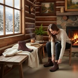 Wanderlust Womens Waterproof Ankle‎ Boots W/ Knit Cuff & Side Zip Burgundy SZ 7M